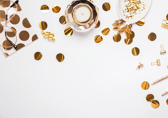 Feminine accessories, notepad, confetti and other on the white background, top view