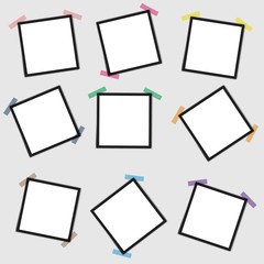 Vector mockup of a blank photo frame on a gray background with a sticky ribbon.