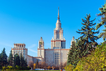 Obraz premium The main building of Lomonosov Moscow State University (MSU) on the Sparrow Hills, a symbol of science and education in Russia