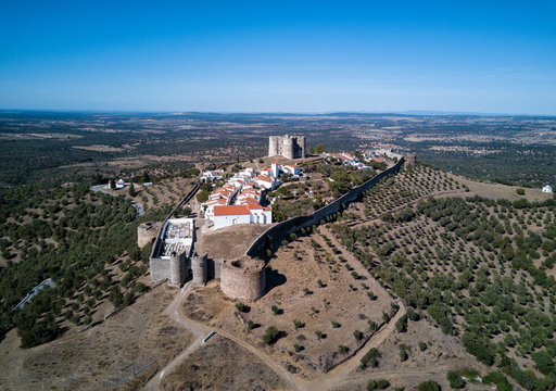 Aerial drone photo of the Evoramonte Castle, a medieval fortress just outside of Lisbon Portugal