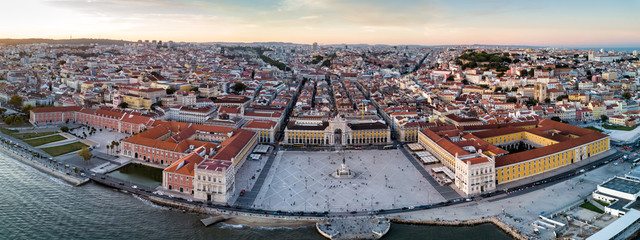 Aerial drone photo of the Comercio Square (Praça do Comércio) of Lisbon, Portugal.  The central plaza of the city © nick
