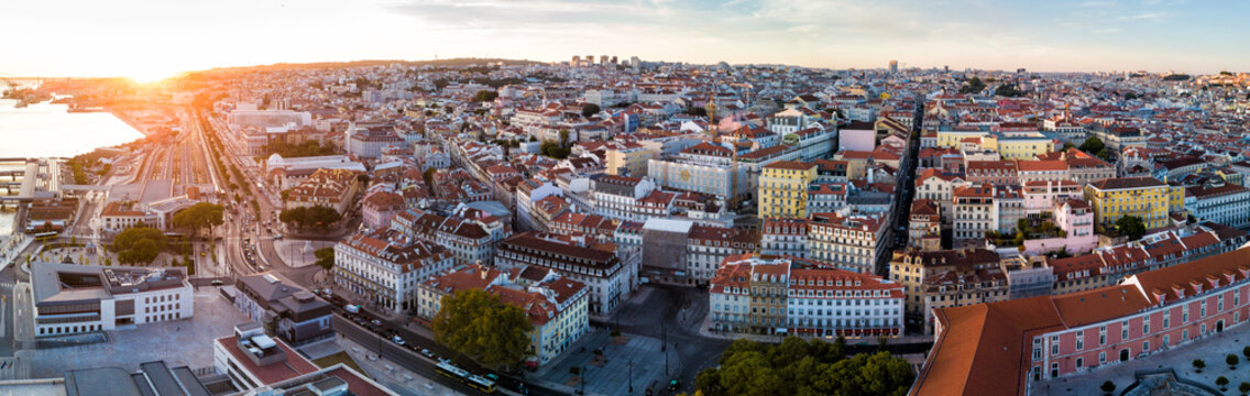 Aerial drone sunset panorama photo of Lisbon, Portugal.
