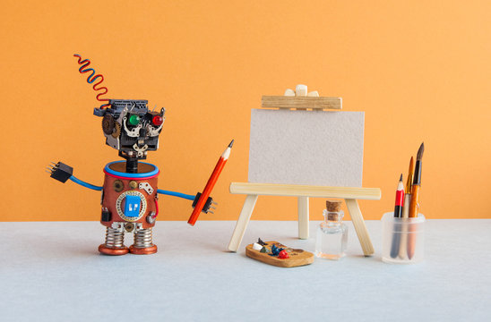 Robot artist begins to create a drawing with a pencil. White paper mockup, wooden easel and artist's tools palette, pencils case.