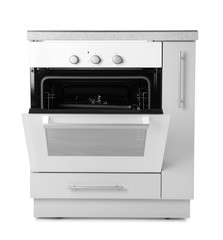 Obraz premium Open modern electric oven on white background. Kitchen appliance