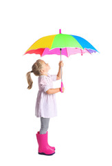 Little girl with rainbow umbrella on white background