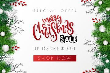 Vector illustration of sale promotion banner template with hand lettering label - merry Christmas - with realistic fir-tree branches, bauble, snowflakes, and decorative bead branches - 230651305