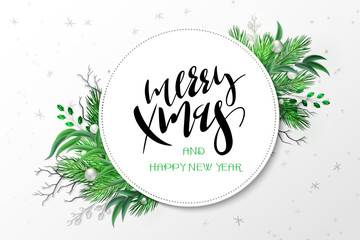 Vector illustration of christmas greeting card template with hand lettering label - merry xmas - with realistic spruce and eucalyptus branches, beads, and snowflakes