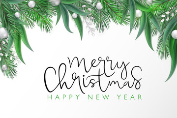 Obraz premium Vector illustration of christmas greeting card template with hand lettering label - merry christmas - with realistic spruce and eucalyptus branches, beads branches, and snowflakes