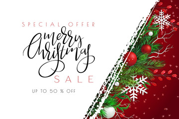 Vector illustration of sale promotion banner template with hand lettering label - merry Christmas - with realistic fir-tree branches, bauble, snowflakes, and decorative bead branches - 230651773