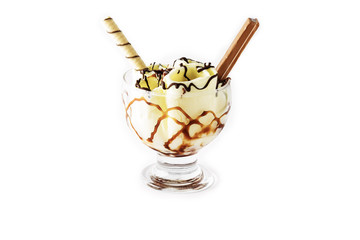 Ice cream cup with kitkat and waffle on white background