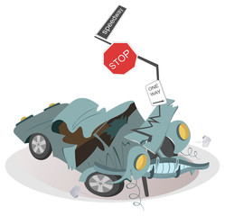 Car crash and road signs illustration. Car crashed into a road signs isolated illustration 
