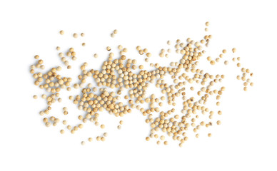 Pepper grains on white background, top view. Natural spice