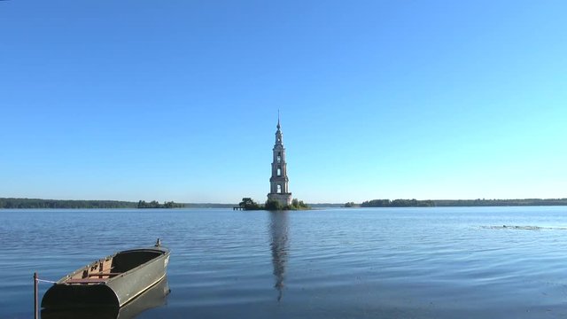 View of the flooded bell tower of St. Nicholas Cathedral in the Uglich reservoir. Kalyazin, Russia