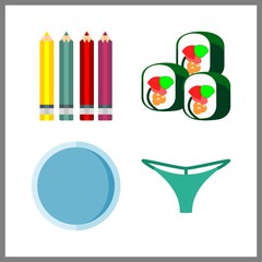 4 orange icon. Vector illustration orange set. colored pencils and sushi icons for orange works