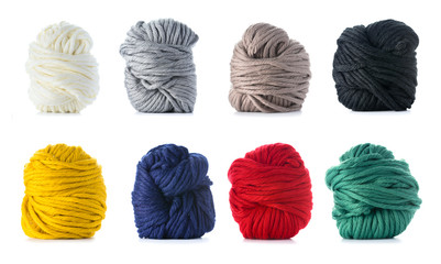 collection of wool knitting on white background
