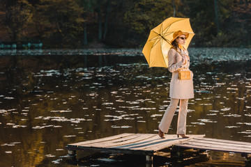 selective focus of woman in sunglasses, trench coat and hat posing with yellow umbrella near pond in park