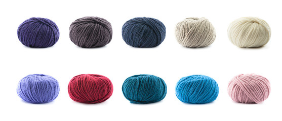 collection of wool knitting on white background