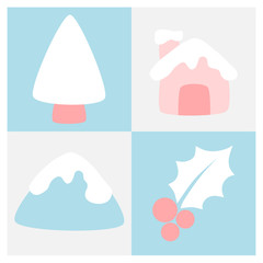 Winter flat icon set in square frame with tree, mountain, house and holly