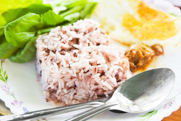 rice berry with fried egg and chili dipping and vegetable