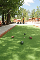 Four Bocce Balls and a pallino ball on a green bocce court.