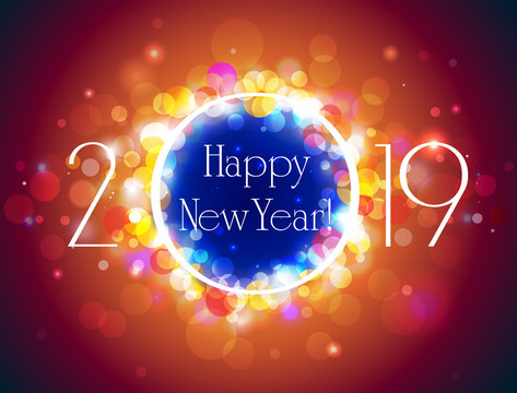 Happy new year 2019 orange blue greeting card, glittering vector hot clorful bokeh background
