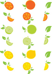 Symbolic images of oranges, lemons and apples with green leaves as fruits or juice icons.