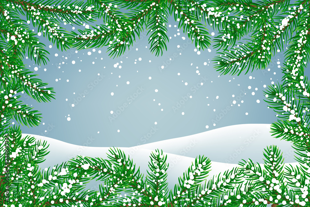 Wall mural winter background with falling snow and fir branches frame and ground covered with snow. christmas c