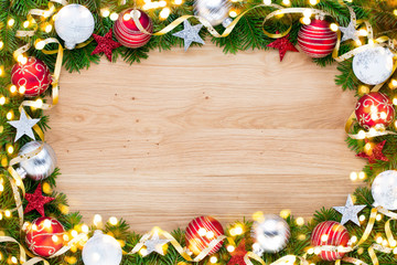 Christmas greeting card wooden background.