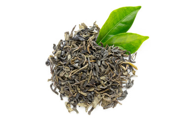 Green tea leaf isolated on white background.