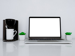 Desktop Coffee Maker with Laptop, Having a Coffee Maker in Your Office Desktop Concept