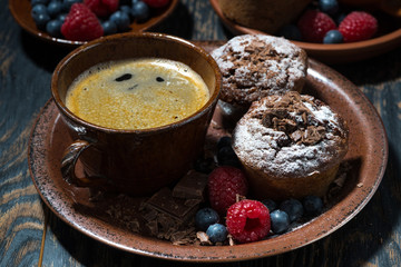 chocolate muffins and a cup of coffee, top view