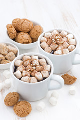 two cups of cocoa with marshmallow and cookies, vertical