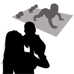 Vector silhouettes of a mother with a small child raised up in her arms, a silhouette of a young woman to the waist, a second silhouette of a boy standing on all fours on the mat yoga pose dog muzzle 