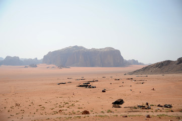 Red mountains of the canyon of Wadi Rum desert in Jordan. Wadi Rum also known as The Valley of the...