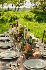 wedding decorated table, decor wedding dinner in nature in the garden