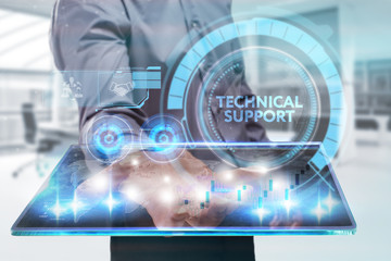 The concept of business, technology, the Internet and the network. A young entrepreneur working on a virtual screen of the future and sees the inscription: Technical support