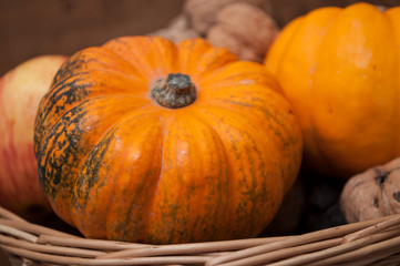 closeup of small pumpkins and walnuts on wooden background