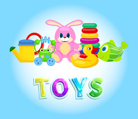 Toys Collection Isolated on Blue Vector Poster