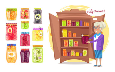 Cheerful Granny with Preserved Food in Cupboard