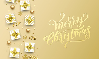 Merry Christmas golden greeting card on premium background. Vector Christmas calligraphy lettering emboss with gifts, snowflakes and gold glitter stars