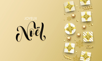 Fototapeta na wymiar Joyeux Noel Merry Christmas golden greeting card on premium background. Vector Christmas French Noel calligraphy lettering, gifts and gold glitter stars or snowflakes