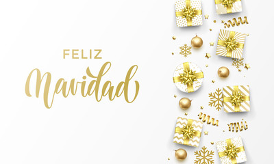 Feliz Navidad Merry Christmas Spanish golden greeting card of gold gifts, stars confetti and snowflakes. Vector premium Christmas design template, calligraphy lettering text on golden background