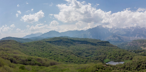Arslanbob Is a Valley, Mountain Range, and a Large Wild Walnut (Juglans Regia) Forest in Jalal-abad Province of Western Kyrgyzstan. Here, the Trees Can Reach a Height of 30 Meters. Arial Dron Shoot.