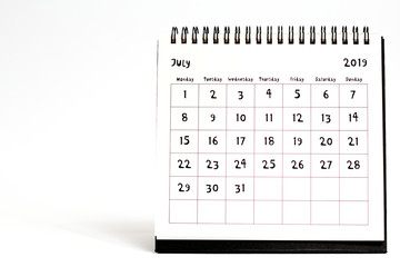 July 2019 calendar isolated on white background