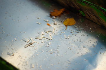 Rain drops on chrome metal and wood. The photo shows a part of a children's hill