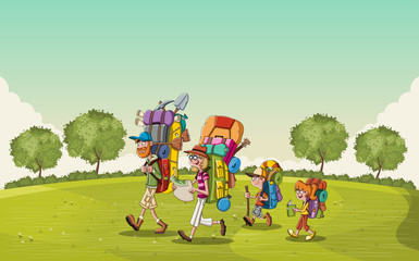 Cartoon family with big backpacks on green park. People hiking on nature background.