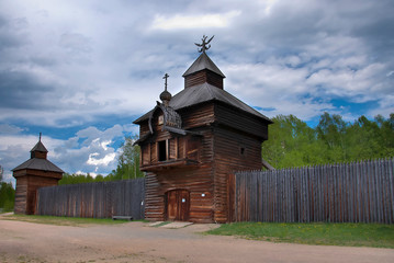 Listvanka, Taltsy, Russia - June, 04, 2011. Panorama of the ancient wooden building of the fortress