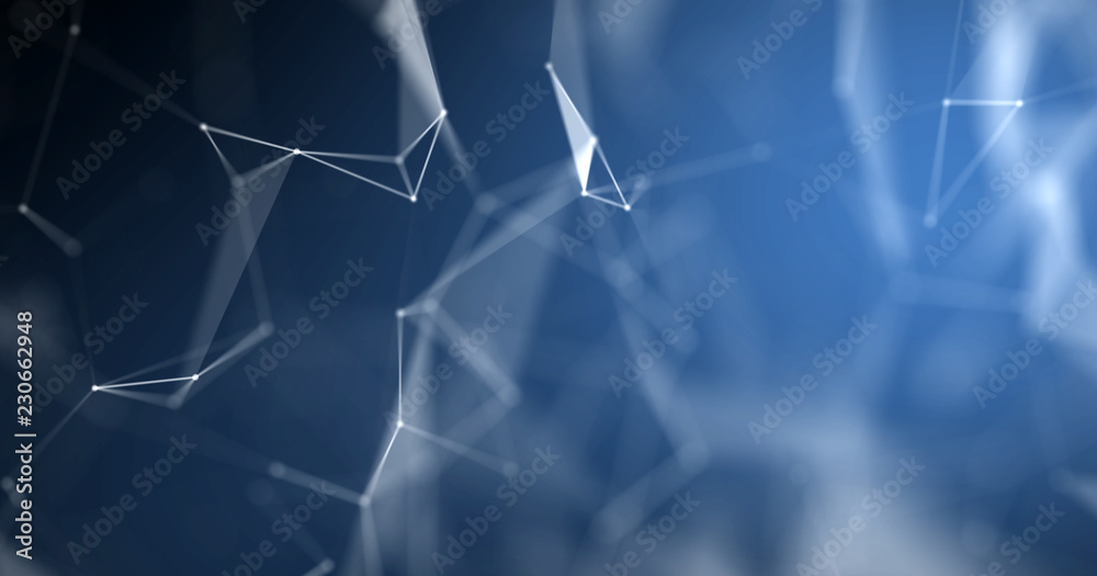 Poster Plexus abstract background, geometric lines and dots connection nodes 3D structure. Digital technology blue macro molecular texture background