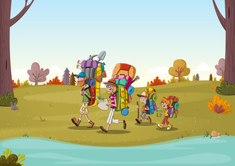 Cartoon family with big backpacks on green park. People hiking on nature background.