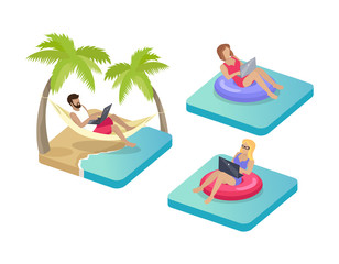 Fototapeta premium Freelance Workers on Beach Vector Illustration